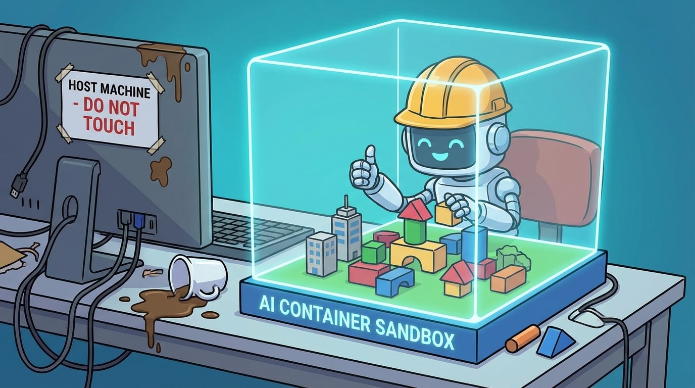 Visualization of containerized development environments showing isolated Docker containers for safe AI-driven code execution