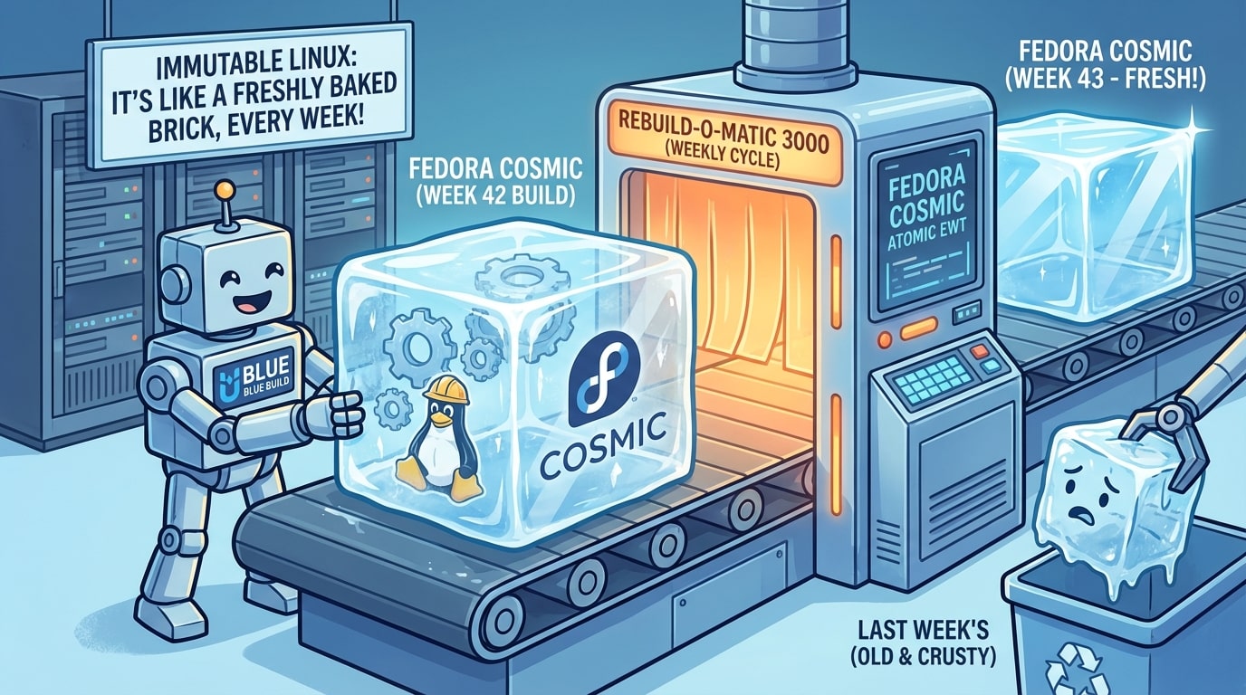 Illustration of immutable Linux build process showing BlueBuild robot, frozen COSMIC desktop images on conveyor belt, Rebuild-O-Matic 3000 weekly automation, with fresh builds replacing old crusty versions