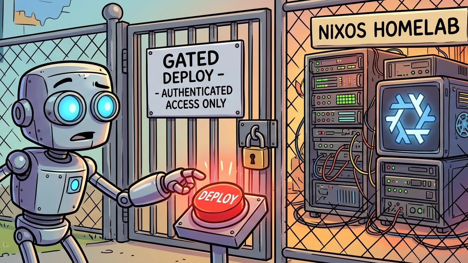 Illustration of a robot reaching for a glowing red Deploy button in front of a padlocked gate marked Gated Deploy, with a NixOS Homelab server rack behind the fence
